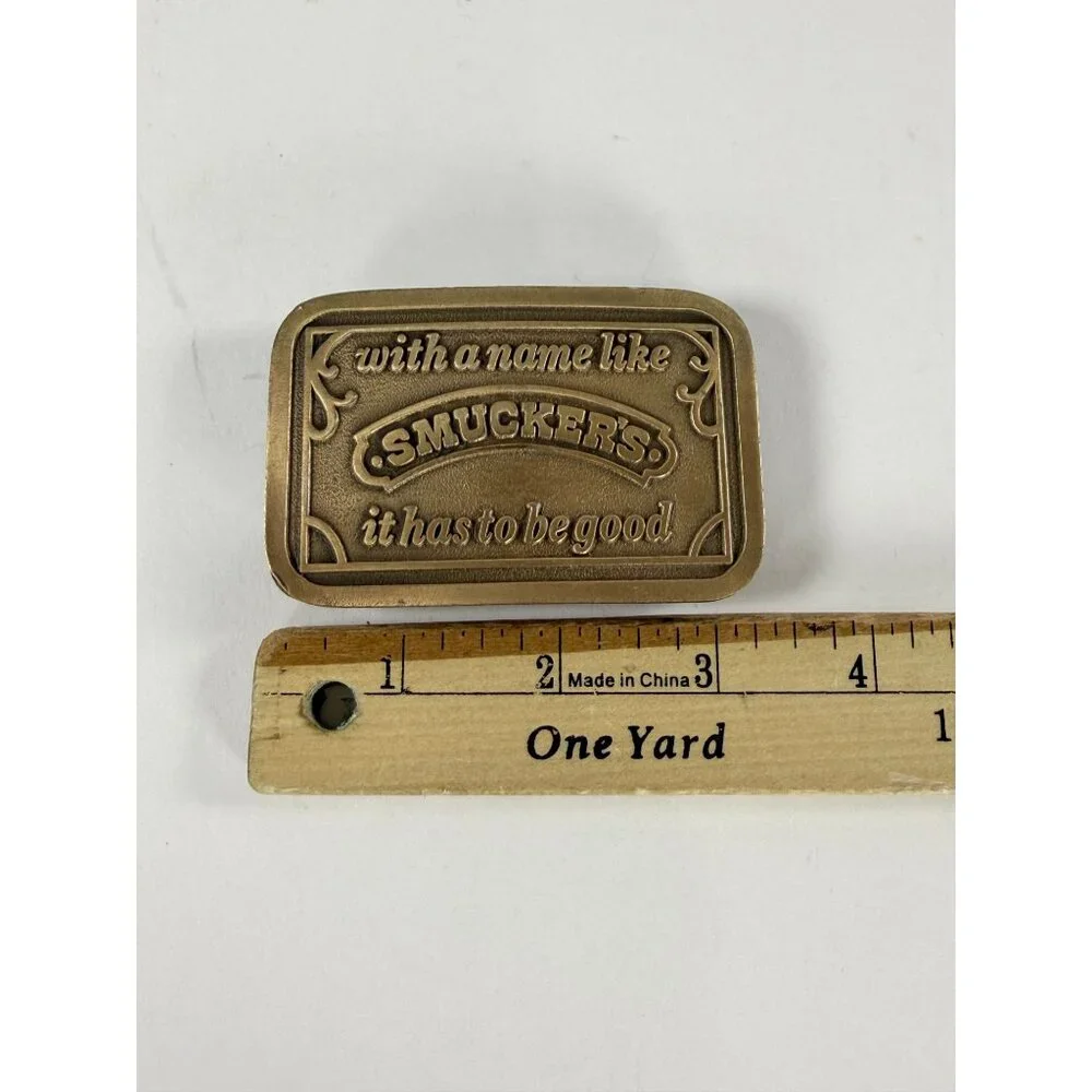 Vintage Smuckers Advertising Brass Belt Buckle Jelly Jam Sandwich Collectible